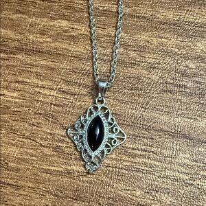 Silver-Tone Filigree Necklace with Black Marquise Stone